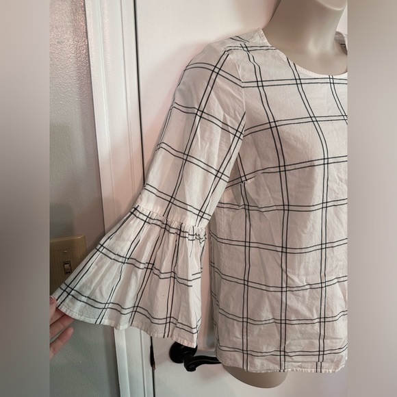 Calvin Klein White & Black Grid Windowpane Pattern Bell Ruffle Sleeve #1829 - Picture 5 of 8